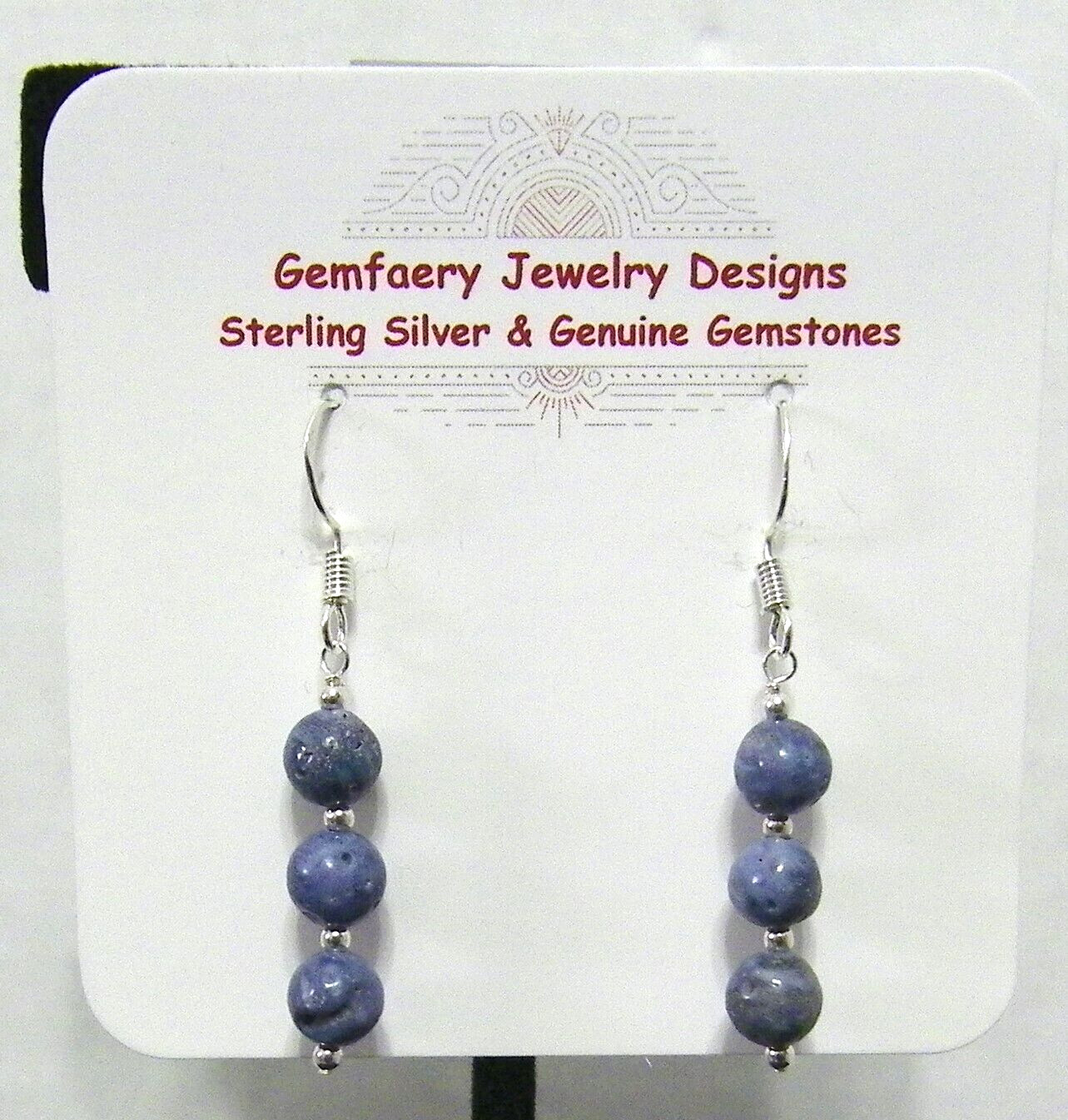Sterling Silver Blue Sponge CORAL Gemstone Dangle Earrings #2147…Handmade USA