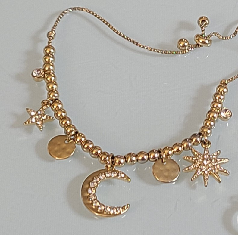 Vintage Unsigned Celestial Moon & Stars Necklace Silver Tone Baroque Pearl Resin