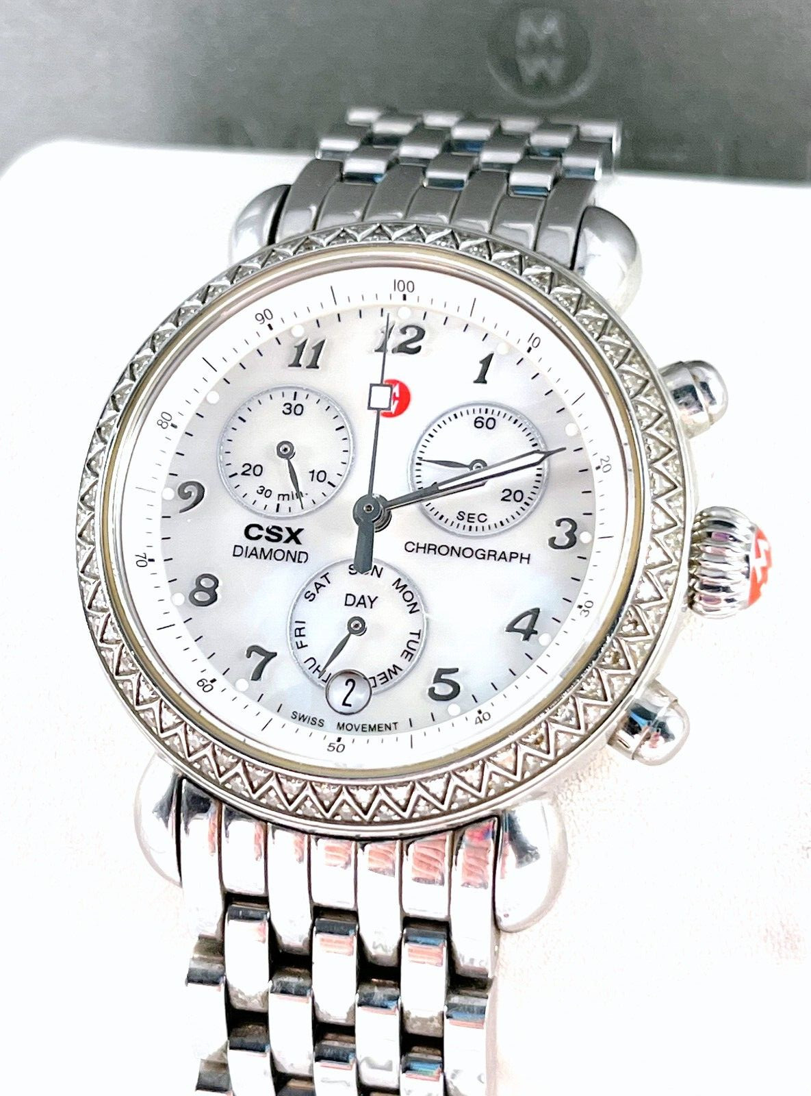 Michele CSX Diamond Chronograph Watch With SS Locking Band in Excellent Cond.