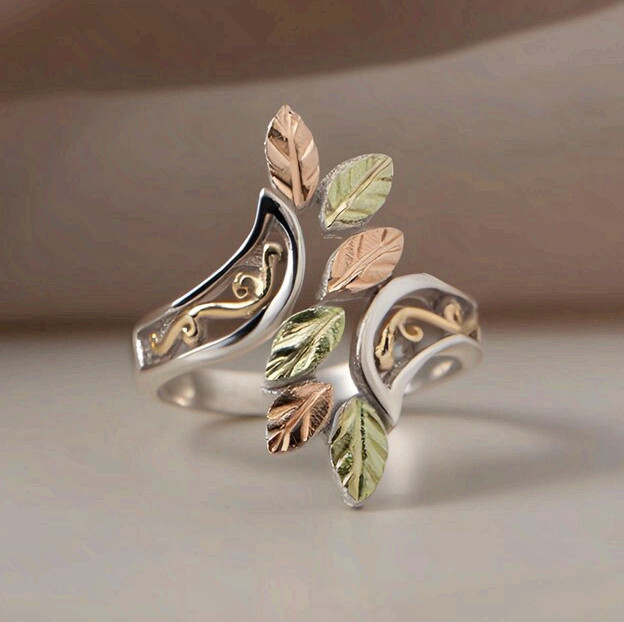 Tri-Color Leaf Surgical Steel Statement Ring