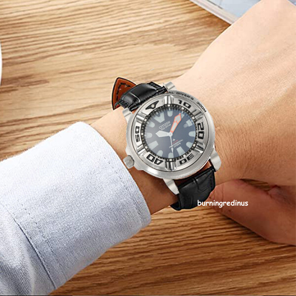 For Citizen Eco-Drive Promaster BJ8050-08 24mm Leather Watch Band+Silver Adapter