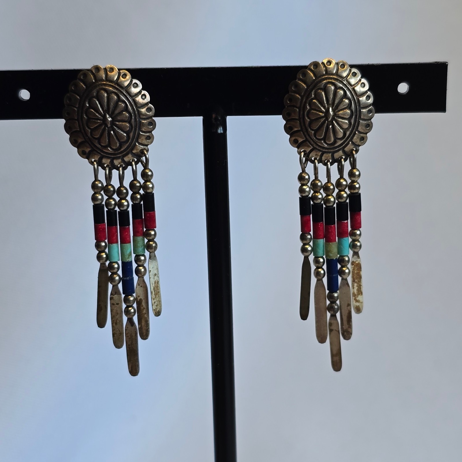 Sterling Silver Earrings 4.38g Fine Jewelry Zuni Semi Precious Stones Look*READ*