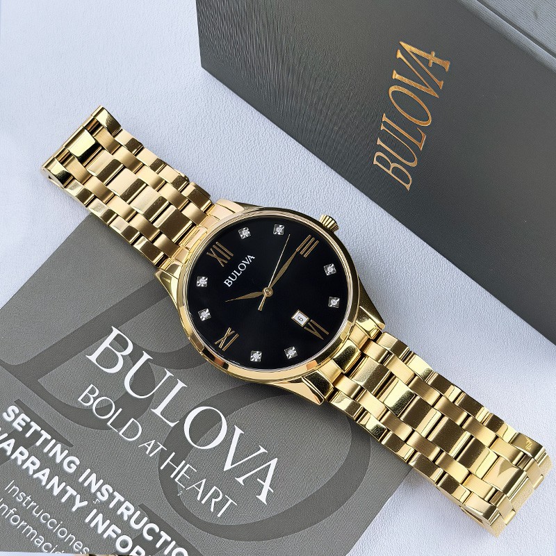 Bulova Men’s Classic 97D108 Diamond Black Dial Gold Bracelet Quartz Watch 40mm