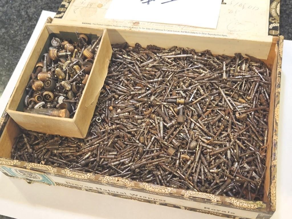 Cigar box of American Pocket watch stems, crowns, sleeves 1,000’s of pieces #1