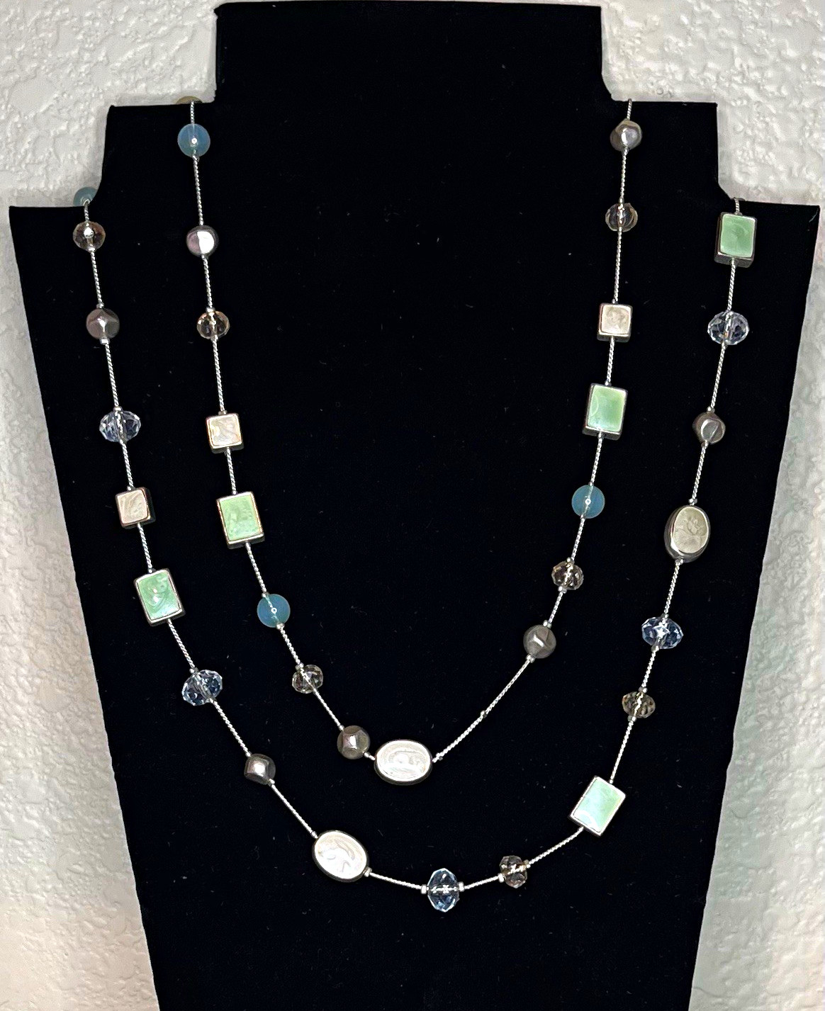 Silver Tone Layered Station Beaded Necklace, Blue Crystal Green Glass Cable