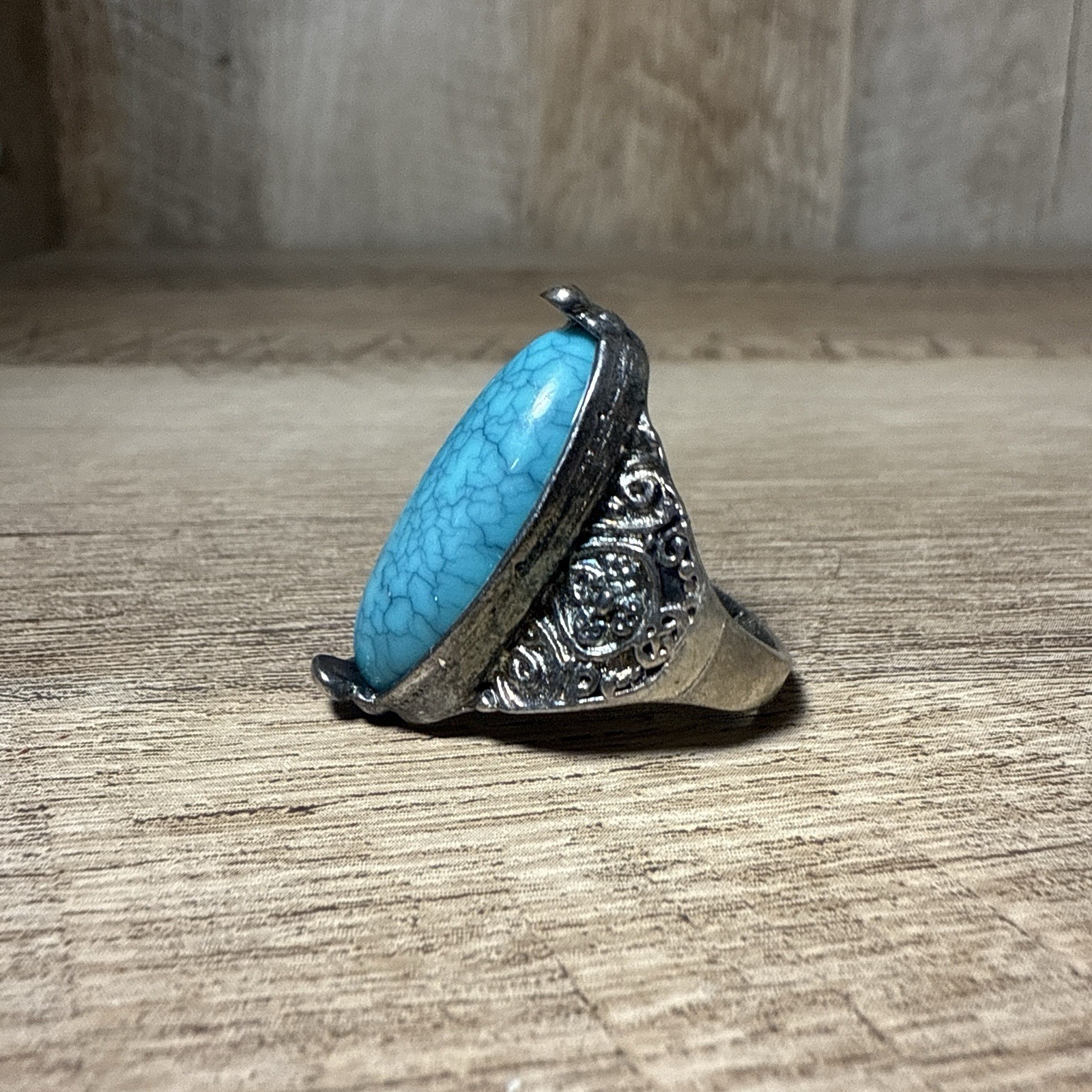 Vintage Silver Tone Ring, Faux Turquoise Dinner Ring Size 8 Cosplay