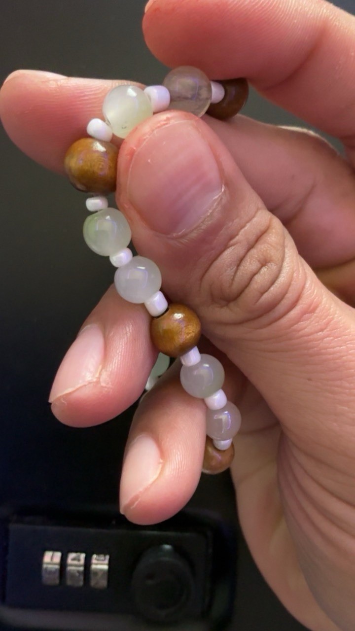Handmade Brown/White/Green Glass & Wood Beaded Bracelet, Unisex #037