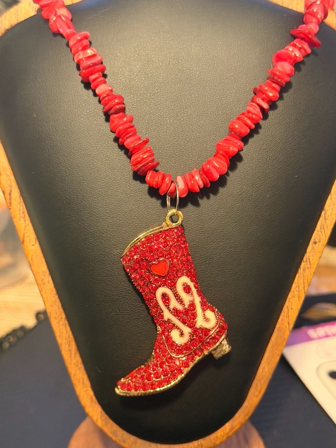 Red Ruby Crystal Cowboy Boot Rodeo Cowgirl necklace