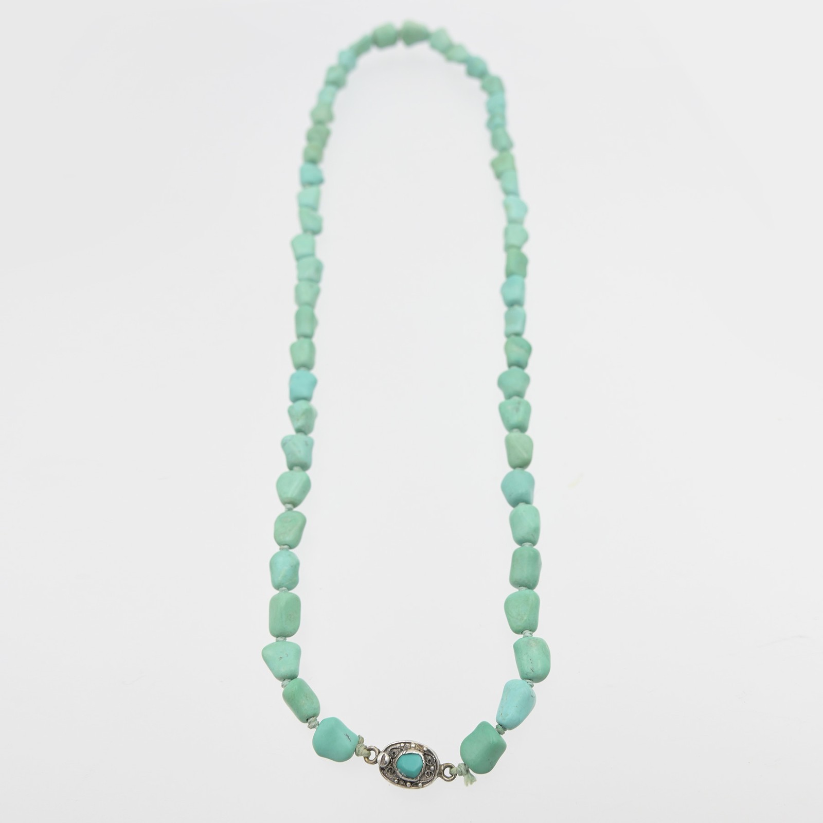 Old Vintage Chinese Export ‘Knucklebone’ Turquoise Necklace w/ Silver Clasp
