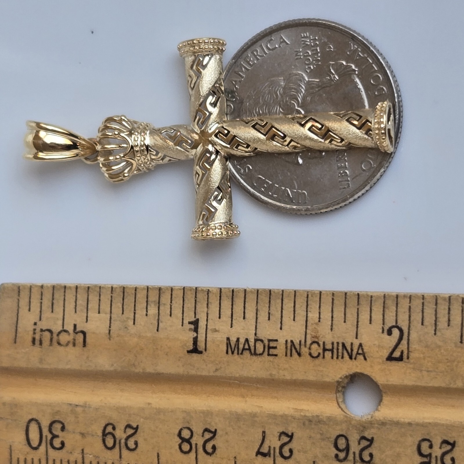 10k Gold Crown Cross Pendant Charm 1.95 inches long Medium Catholic Greek Key