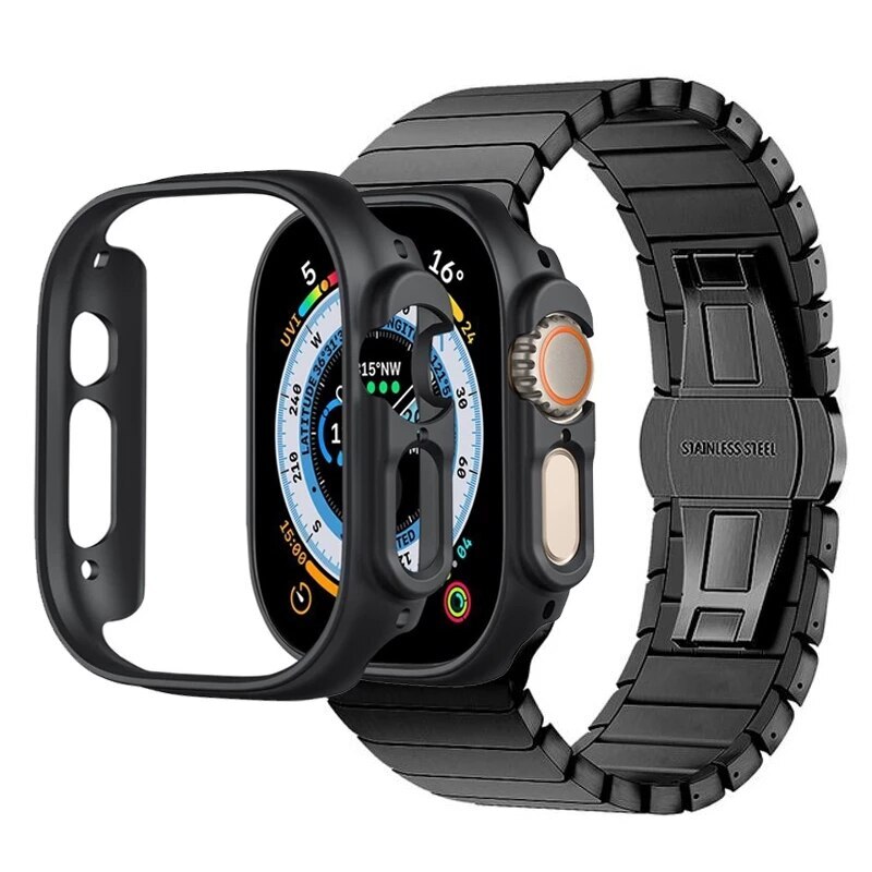 For Apple Watch Ultra 1/2 49mm Metal Strap + Case Stainless Steel Band PC Bumper