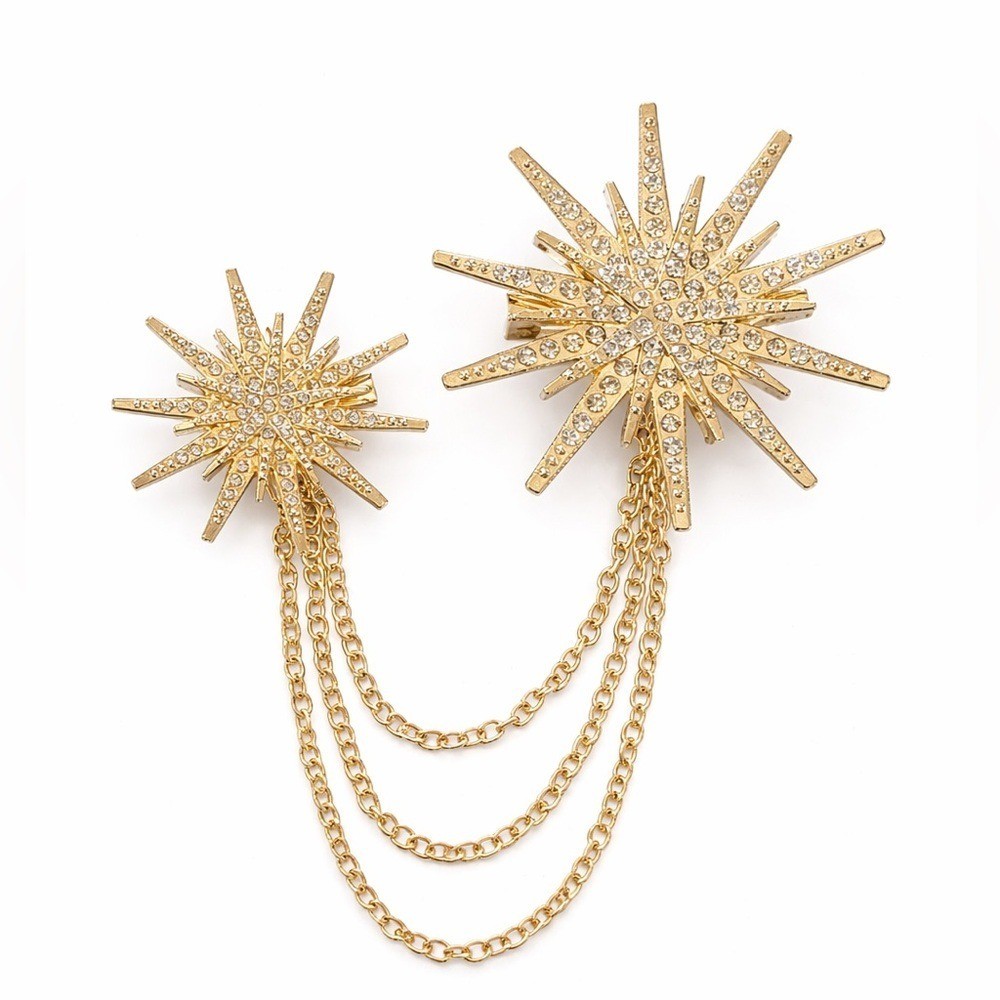 Gold Starburst Double Brooch Pin Set w/ Chain Draped Rhinestone Celestial