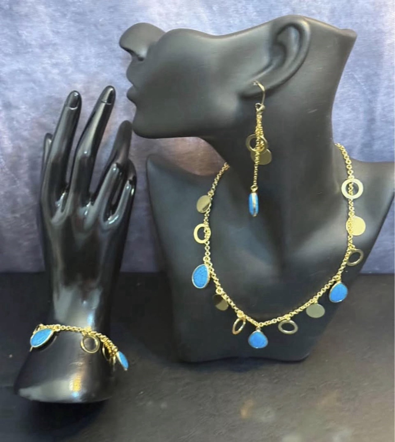None tarnish Blue Turquoise Teardrop Necklace Bracelet & Dangle Earrings Set