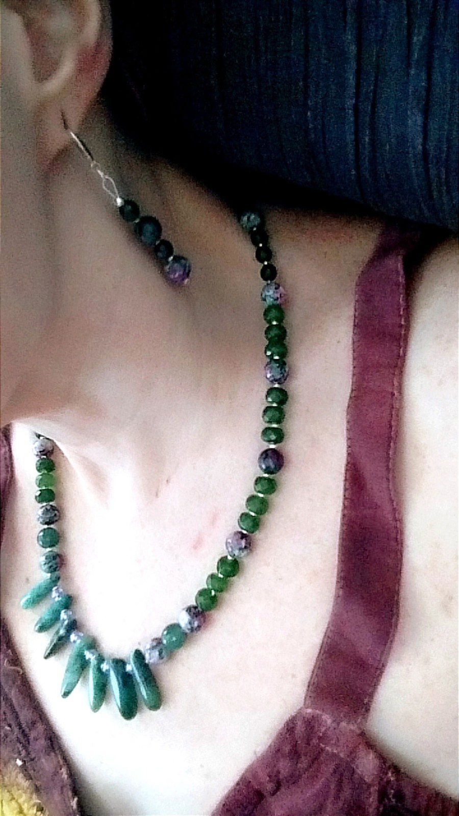 Jade jewelry set, Zoisite Ruby Emerald Jade necklace 18.5″ earrings 925 silver