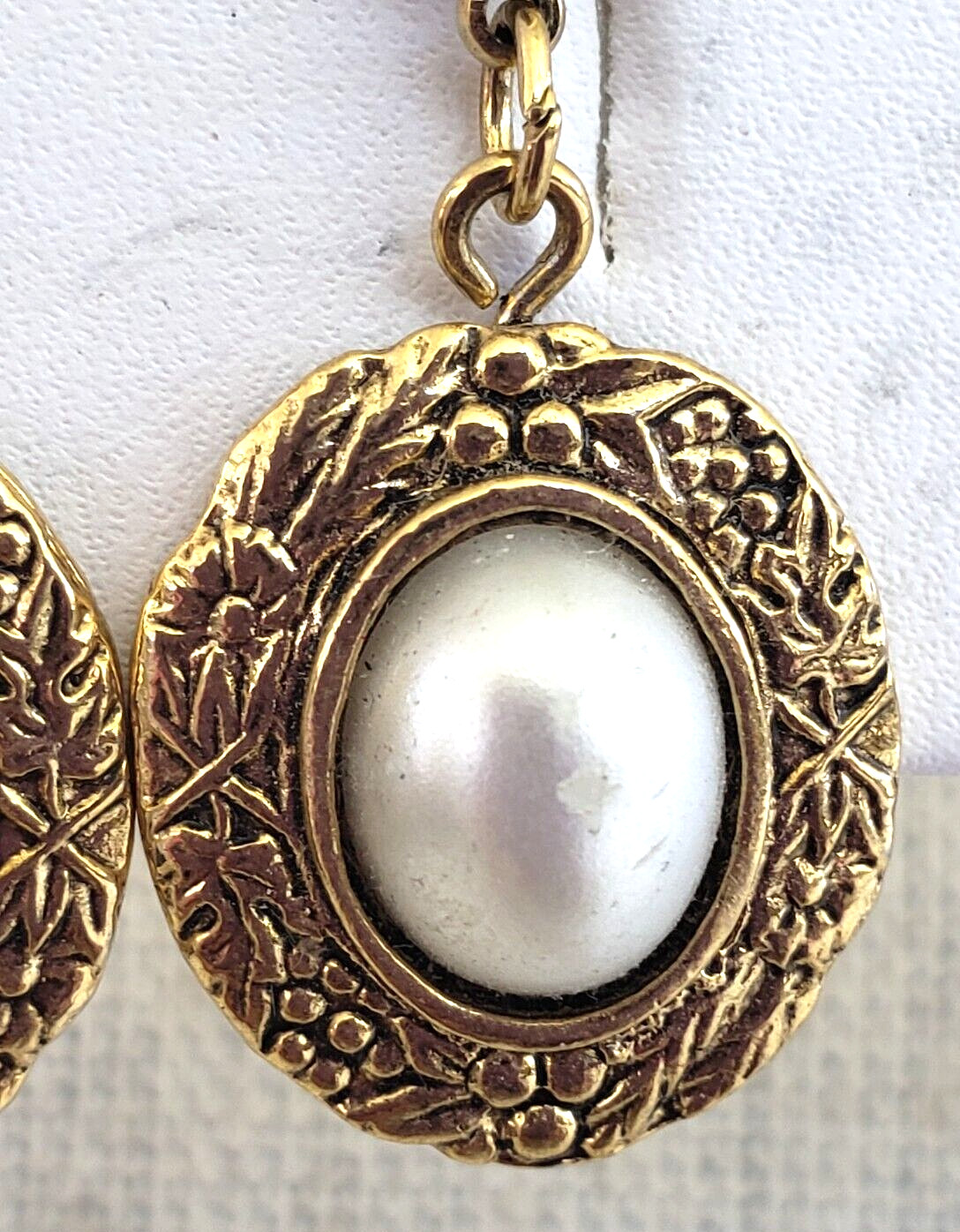 Vintage Victorian Rev Faux Pearl Gold Tone Small Dangle Pierced Earrings 1-1/8″