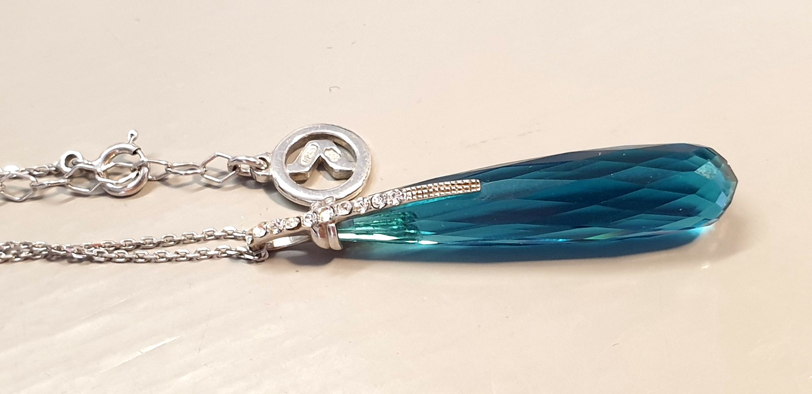 925 Silver Pendant Drop Blue & Fine Anchor Chain Master Hallmarked “MS” 41 – 44cm