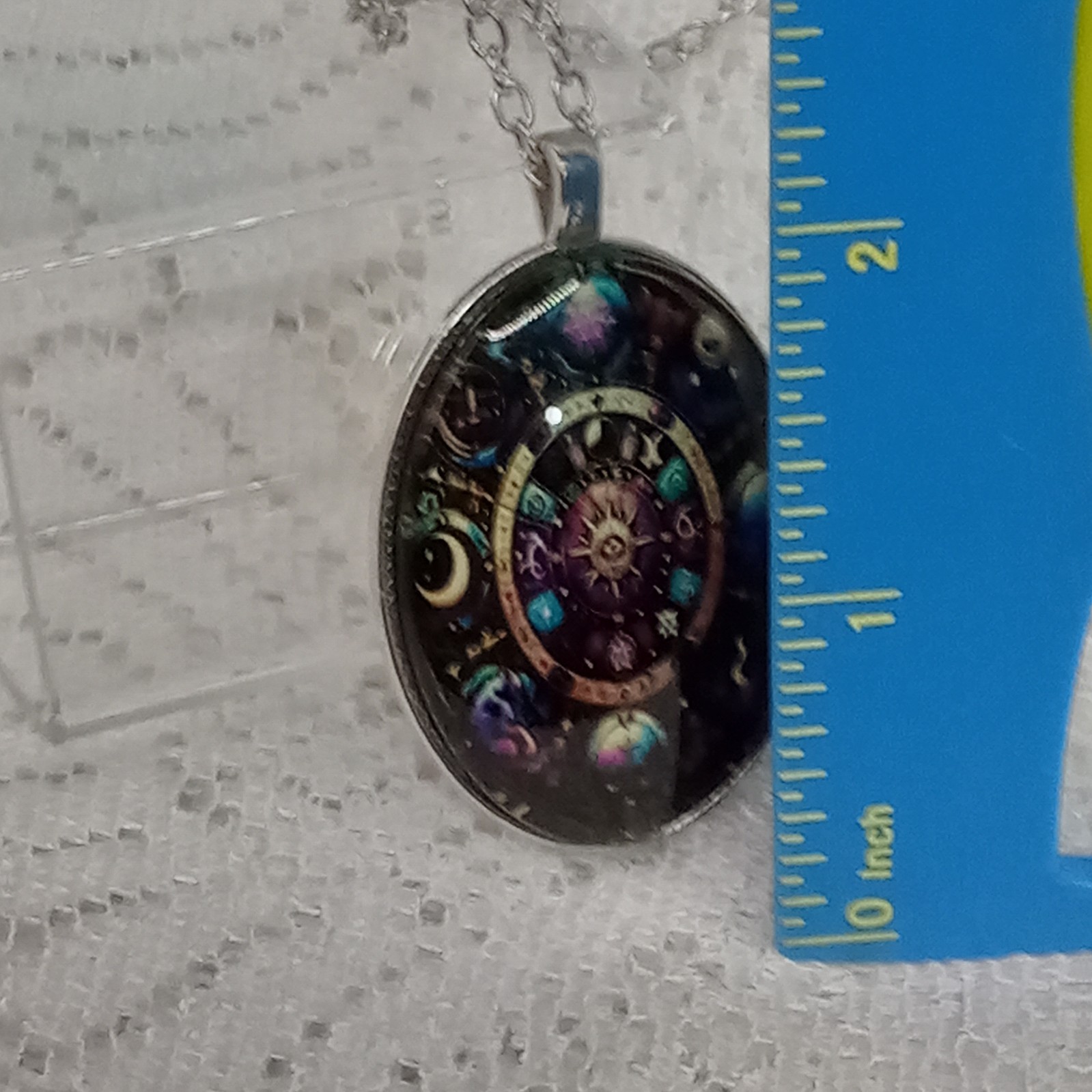 Celestial Necklace Oval Blue Pendant Astrological Symbols Silvertone Chain