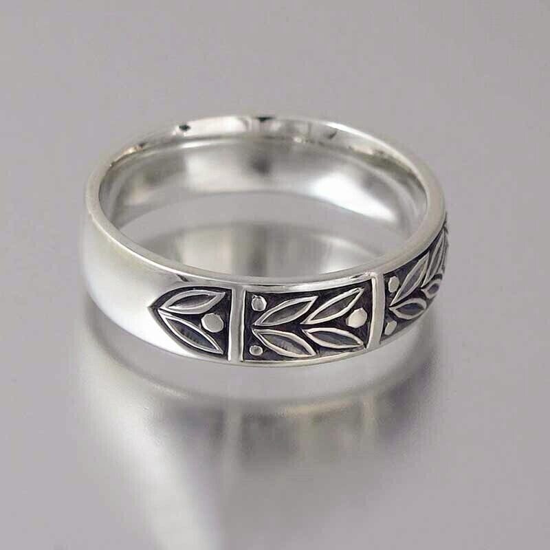 Retro Leaf Vintage Antique Band 1Ct CZ Elegant Unisex Promise Ring Silver Plated