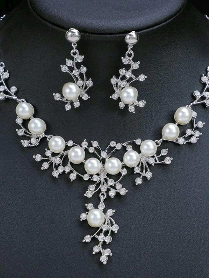 Silver-Plated Zinc Faux Pearl and Colorless CZ Necklace And Earrings Set