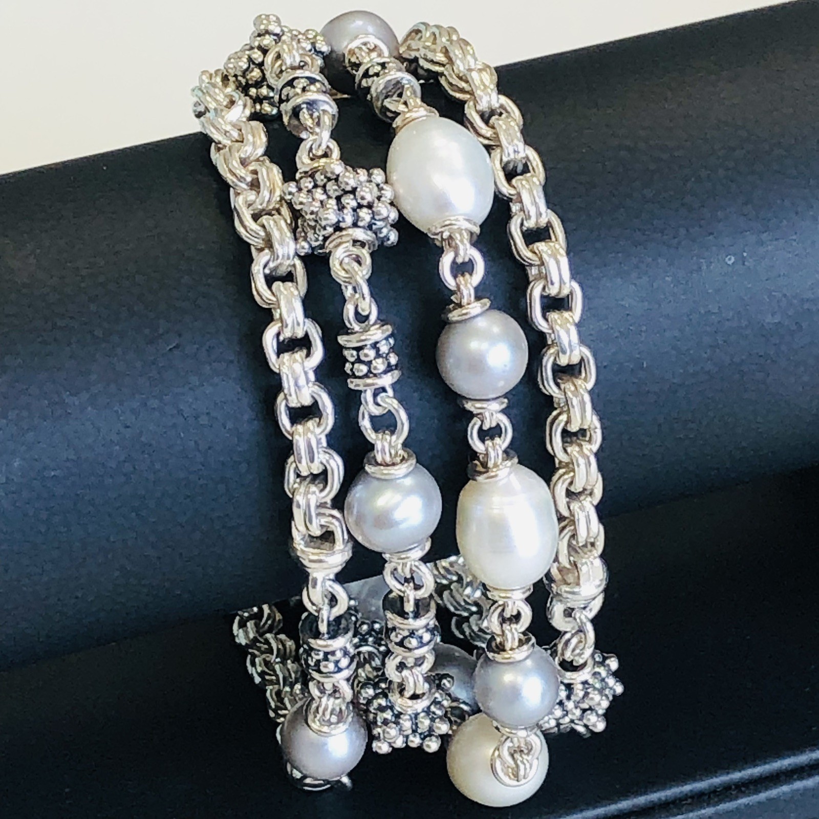 Excellent! Michael Dawkins Sterling Silver & Pearl 4-Strand Chain Bracelet 8″