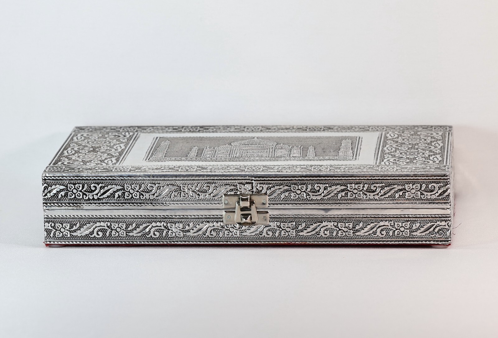Vintage Silver Tone Taj Mahal Ring Jewelry Box Red Velvet Lined Mirror Large