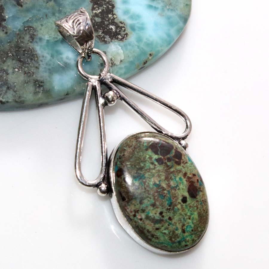 925 Silver Plated Chrysocolla Pendant 2″ Holiday Gifts Limited Stock Deal JW