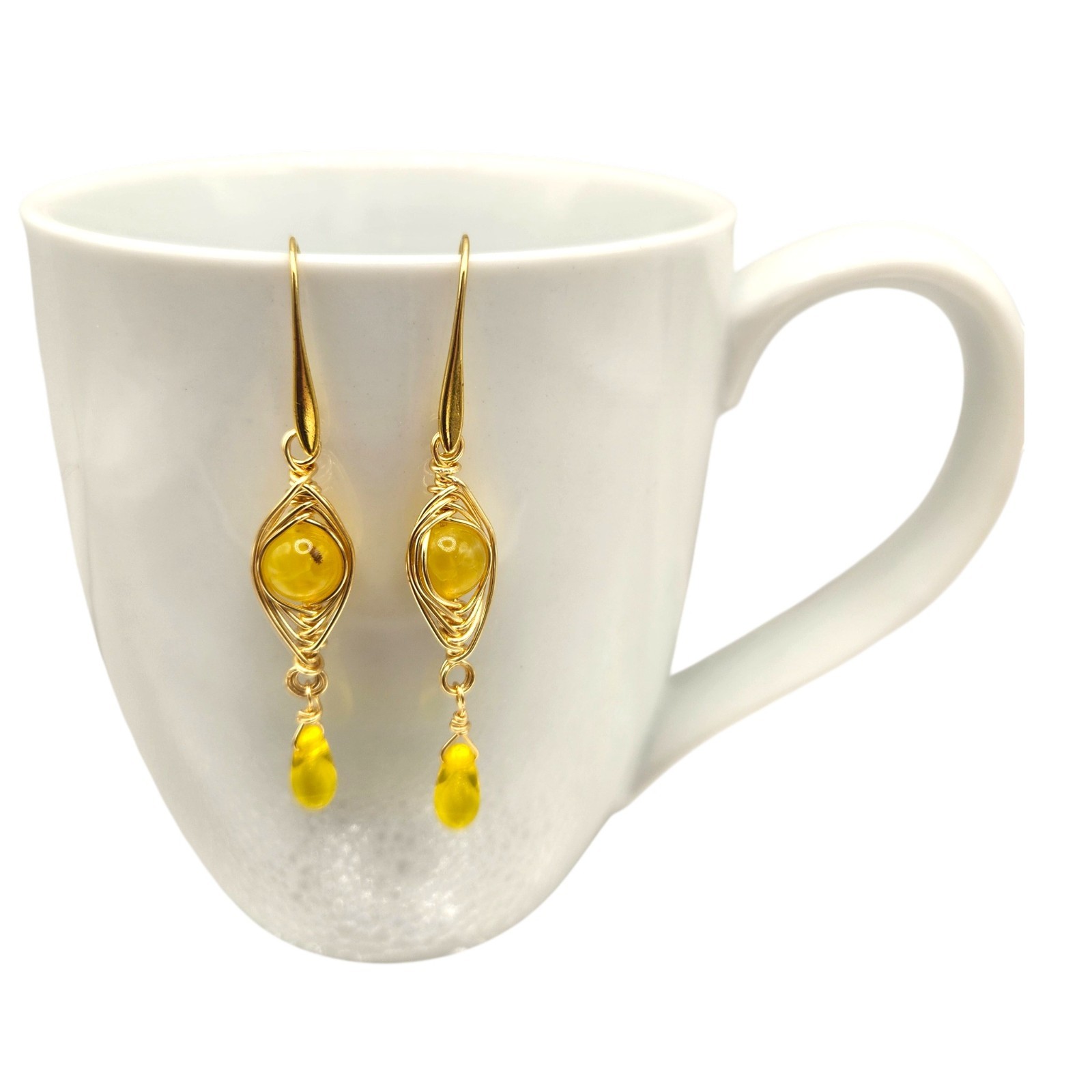Handmade Stone Herringbone Wire Wrapped Dangle Earrings Gold Silver Bronze