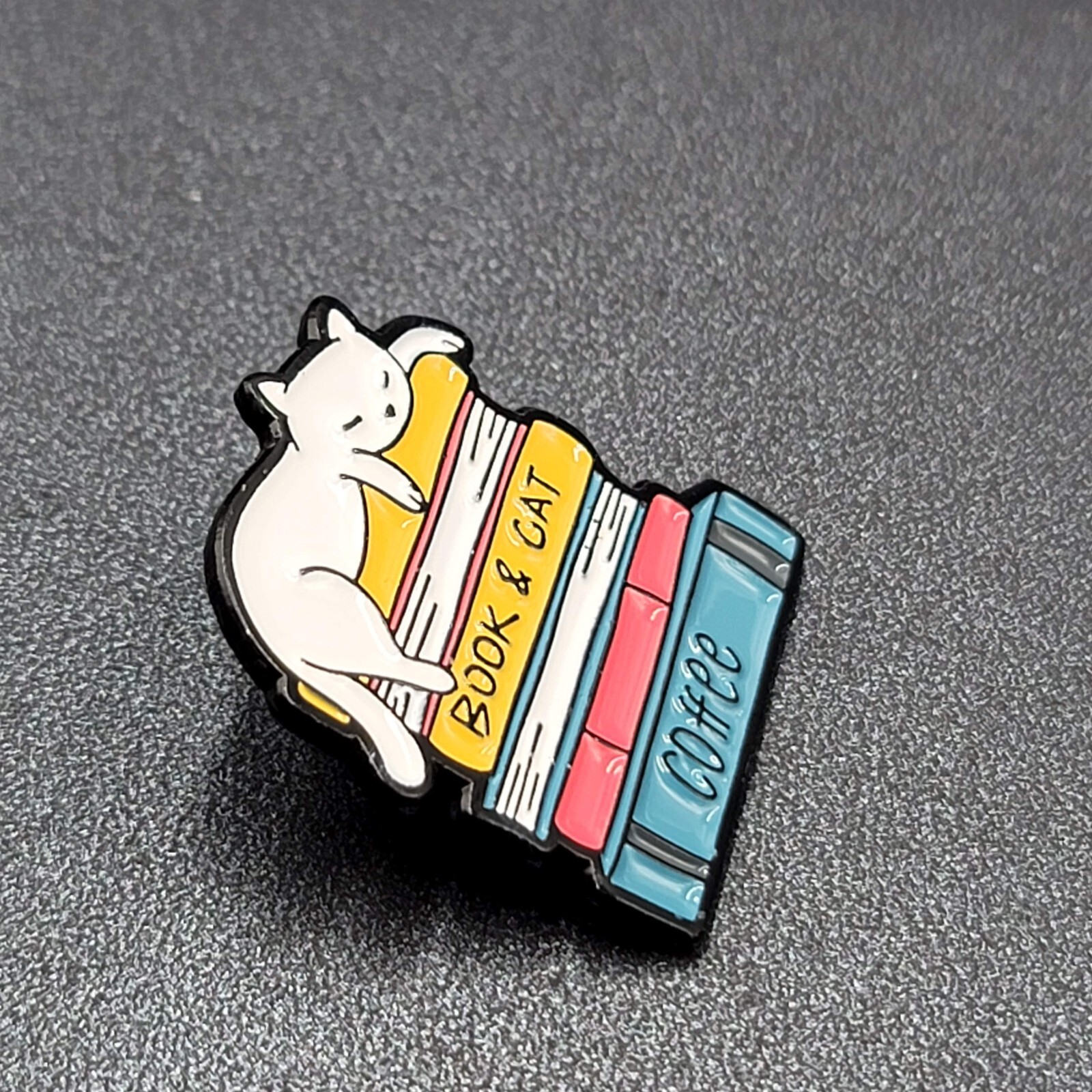 White Cat Enamel Lapel Hat Pin Book and Cat Coffee Multicolor 1.25″