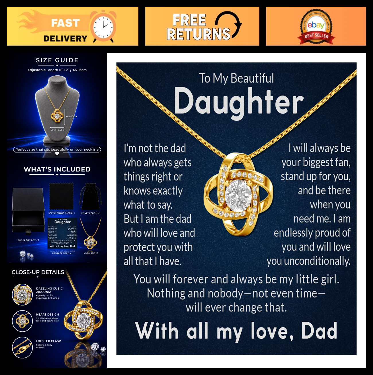 Daughter Necklace from Dad | Gold CZ Pendant Jewelry Gift | Birthday Graduation