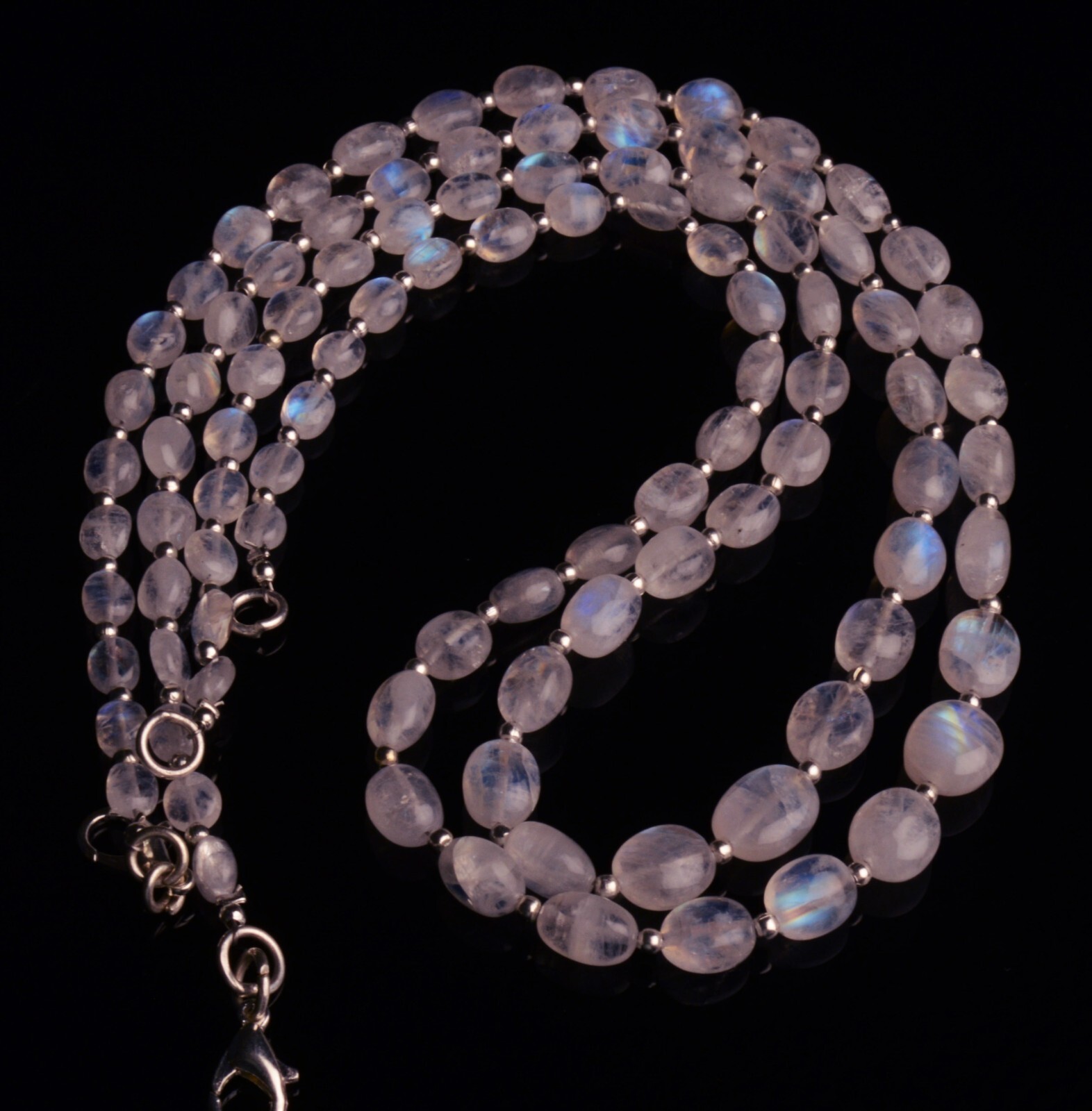 Blue Fire Rainbow Moonstone 6×4 to 9×7 mm Size Oval Nugget Beads Necklace 17″
