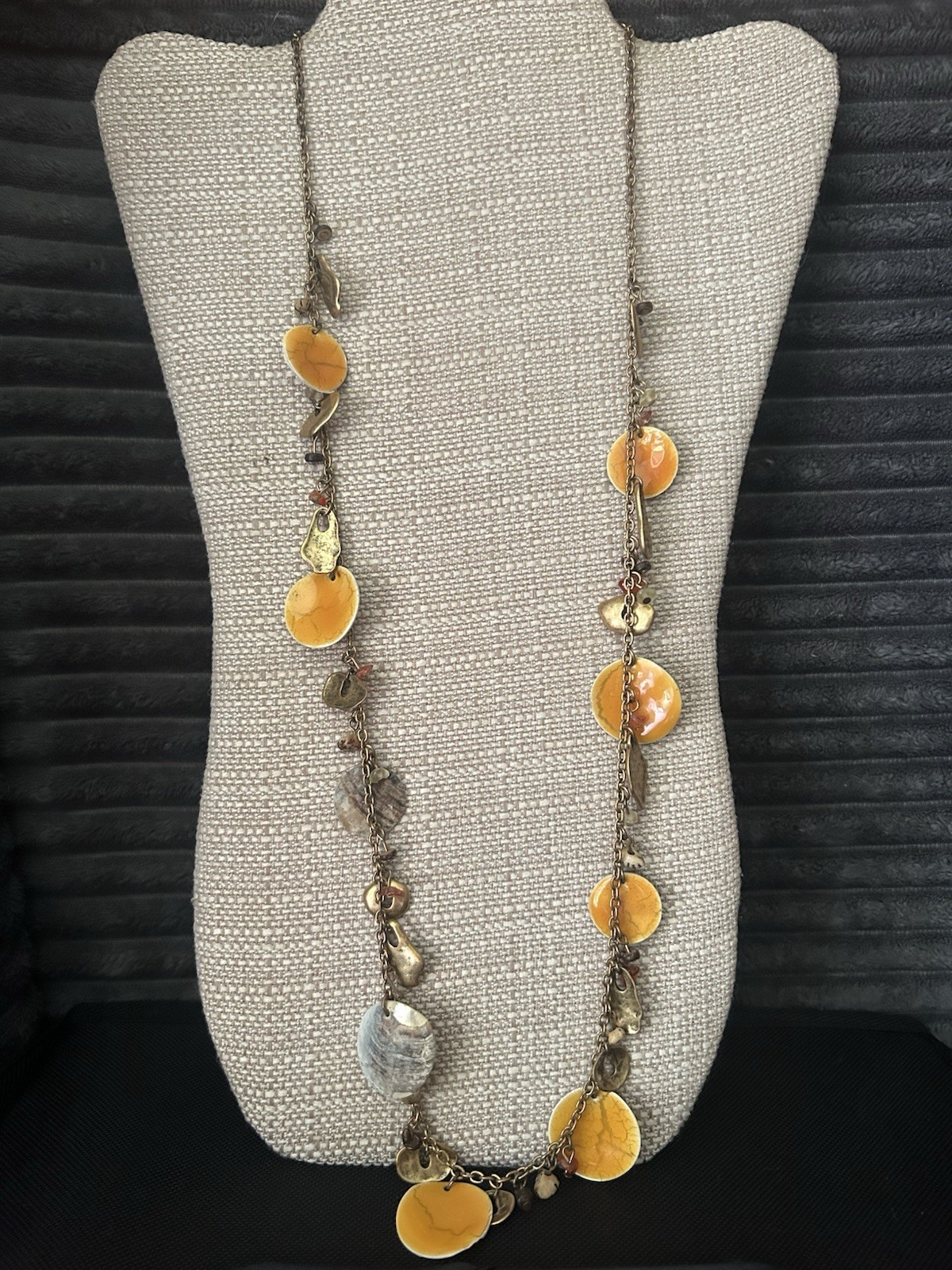 Coldwater Creek Orange Enamel Disc Shell Long Chain Station Charm Necklace Boho