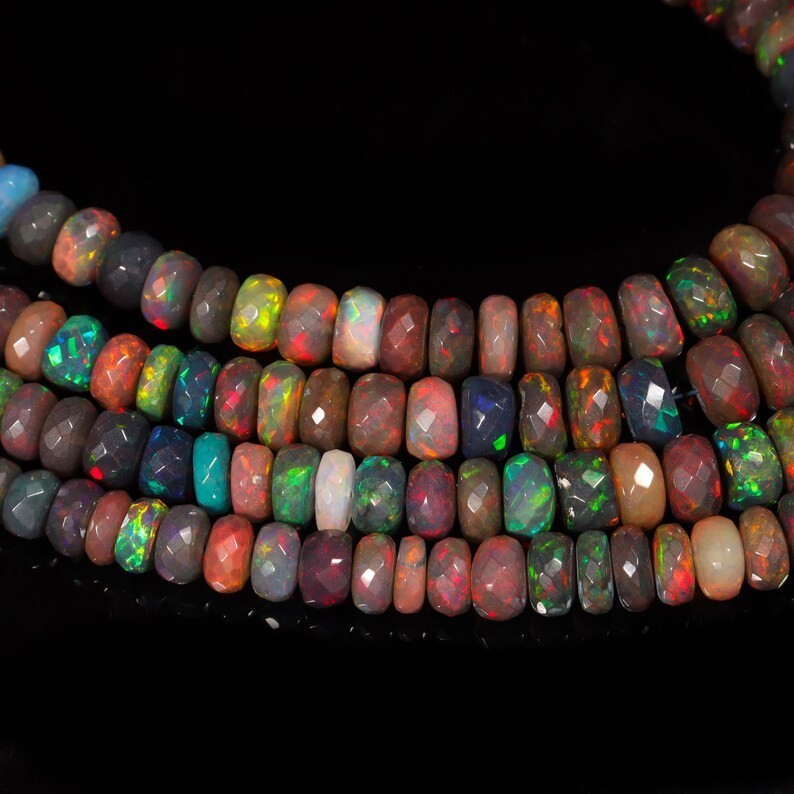 AAA Black Ethiopian Opal Beads: Faceted Rondelle Multi Fire Gemstone
