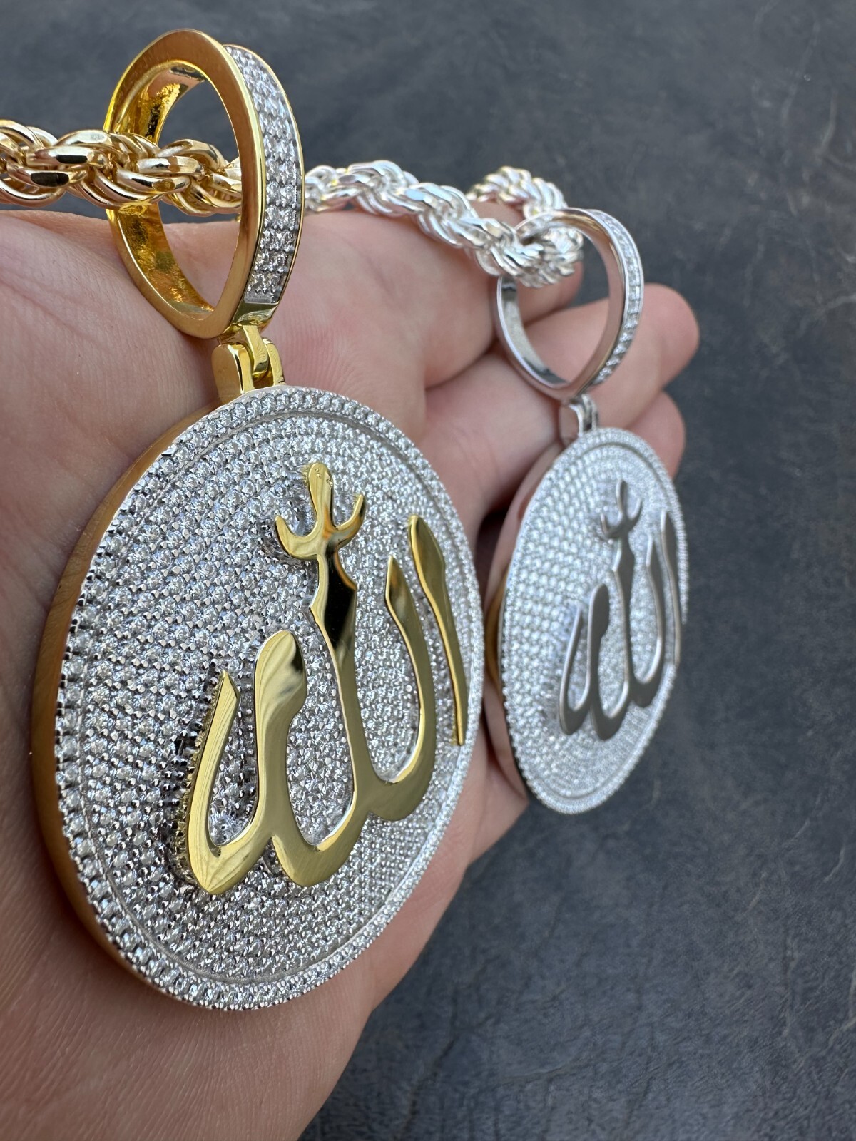 MOISSANITE Real 925 Silver / Gold Allah Medallion Arabic Necklace Pendant Iced