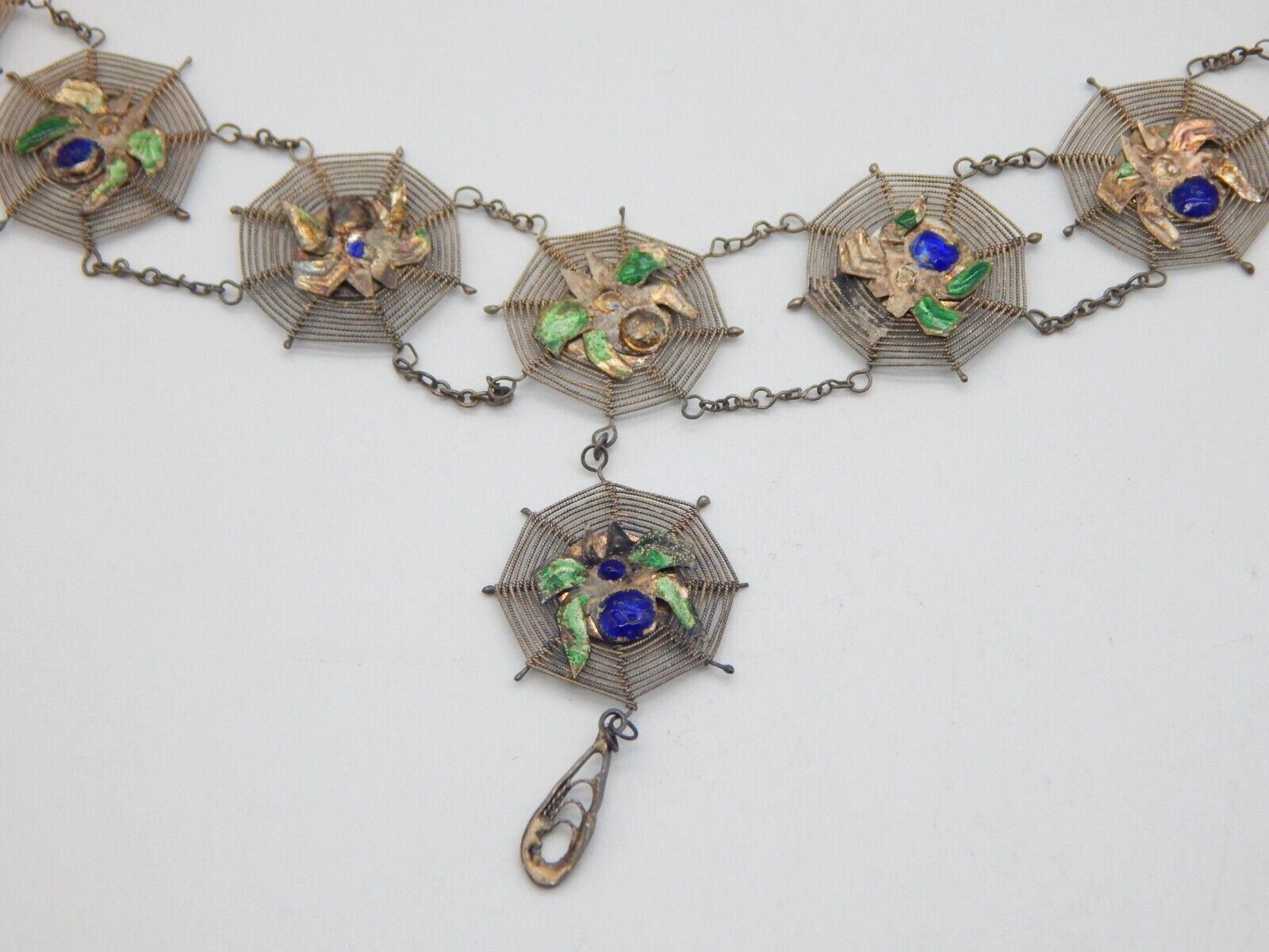 VTG 1940s Asian Silver Spiders on Spider Webs Necklace and Bracelet Set (CF110)