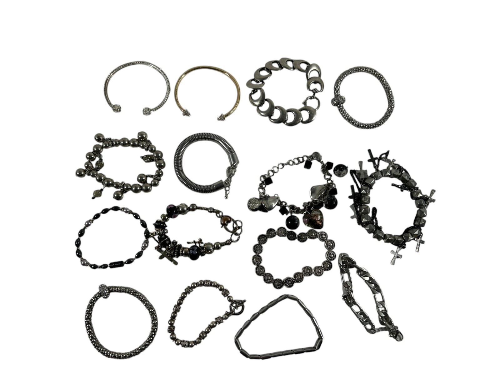 Mixed Lot 15 Silver Tone Bracelets Costume Jewelry Stretch Cuff Beaded Charm
