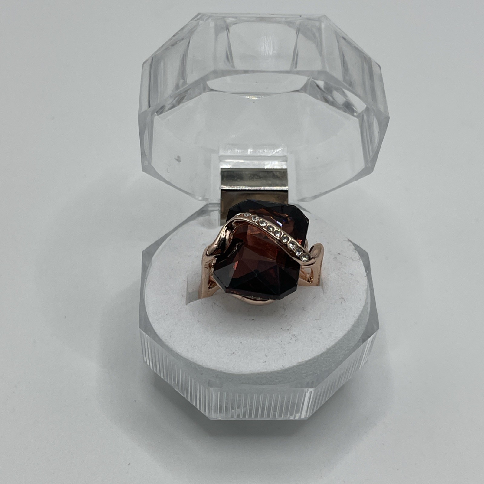 Rose Gold Filled Octagon Brown Cognac Wine Rhinestone Wave Wavy Ring Size 6.25