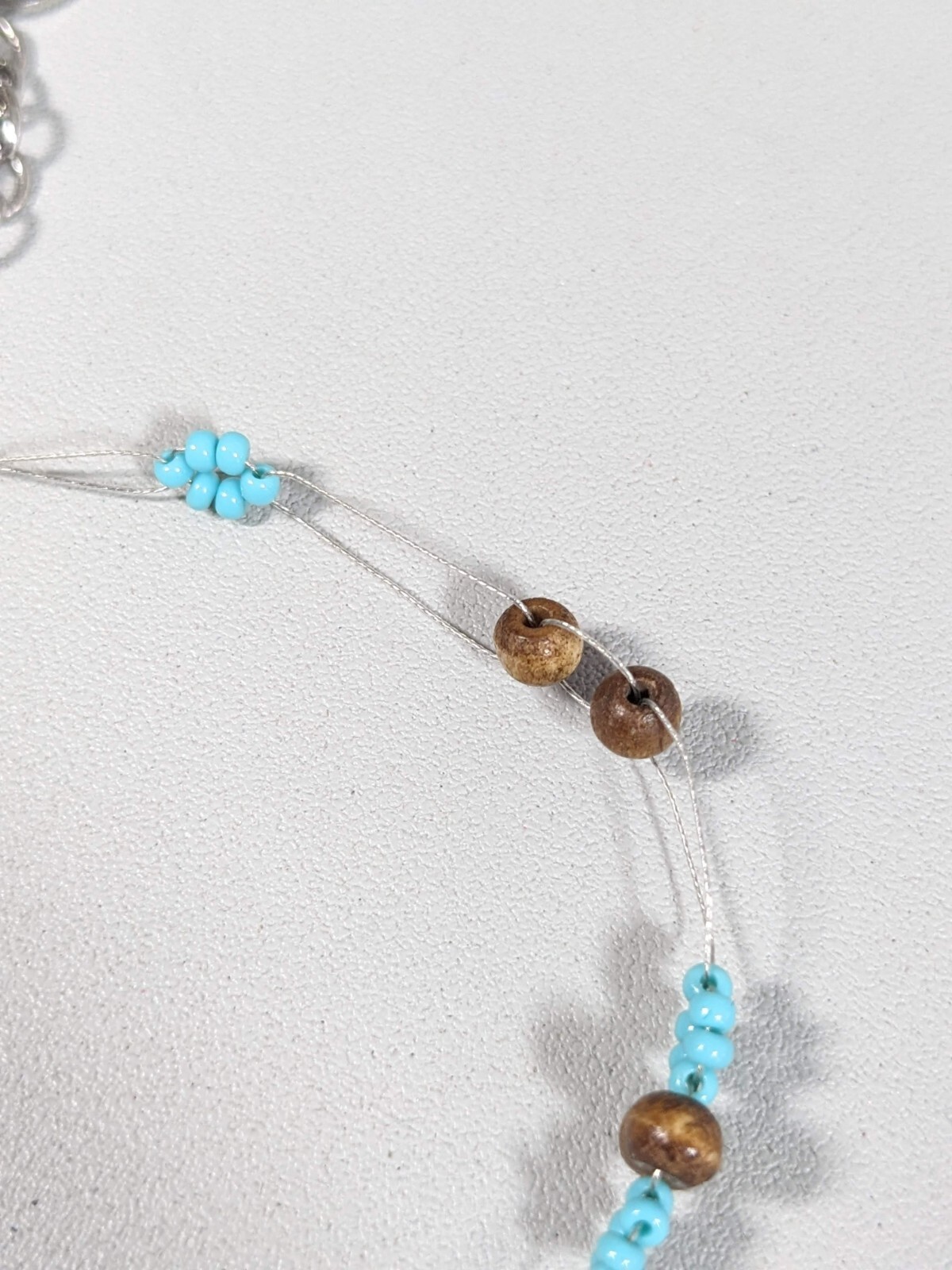 Robert Rose Silver Tone Brown Wood Green Blue Glass Bead Choker Necklace 15 inch