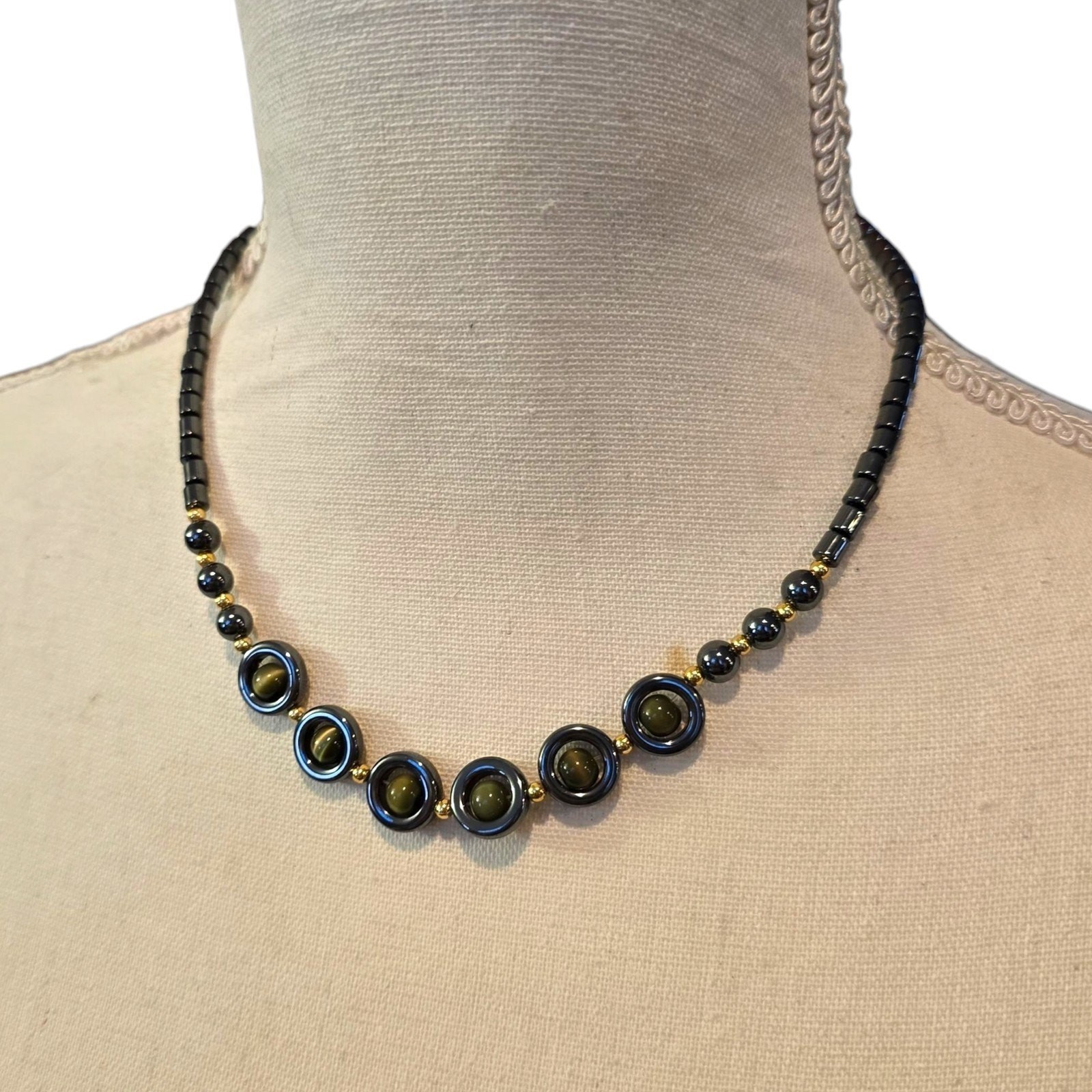 Vintage Necklace Hematite Black Gray Tiger Eye Beads Artisan Style 16″ SKU 2359