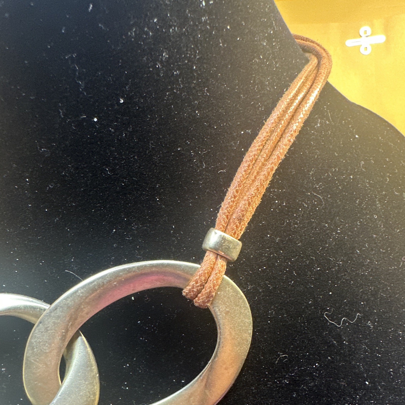 Alfani Silver Tone Double Ring Pendant Brown Faux Leather Cord, Adjustable