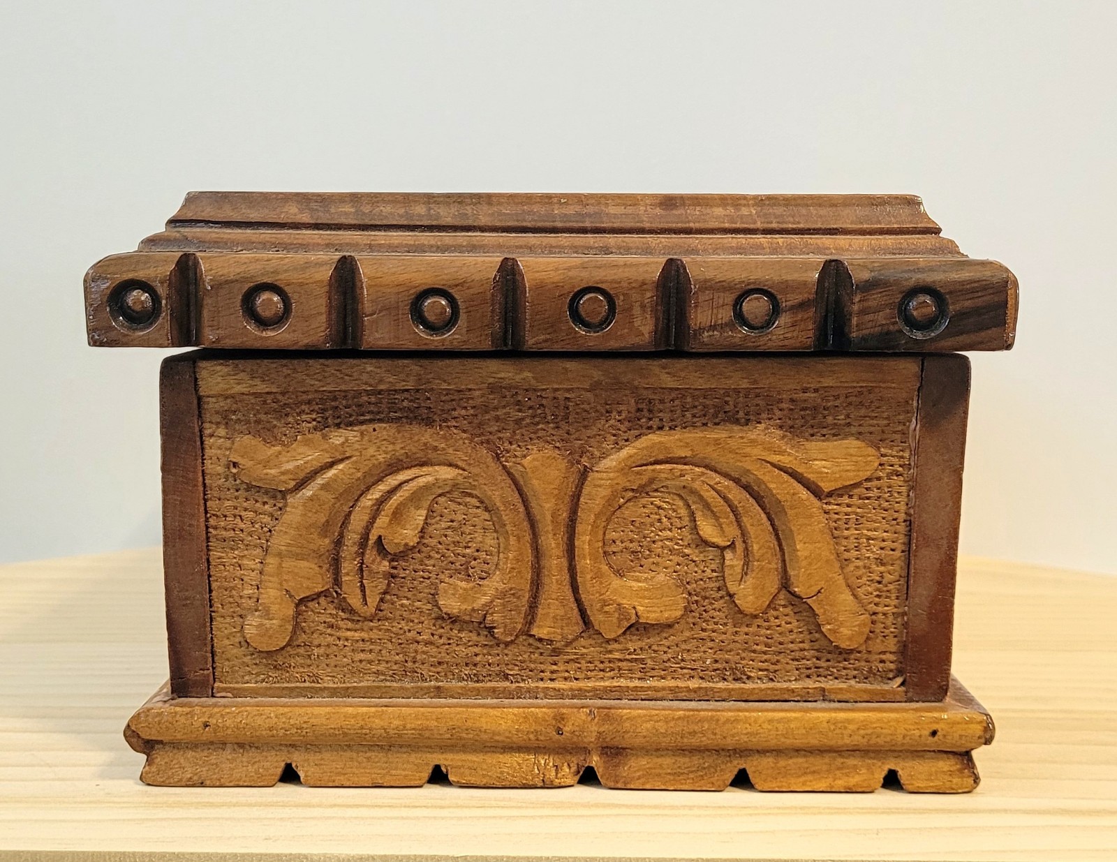 Vintage Hand-Carved Walnut Wooden Treasure Box with Rose Rotation Puzzle Lock