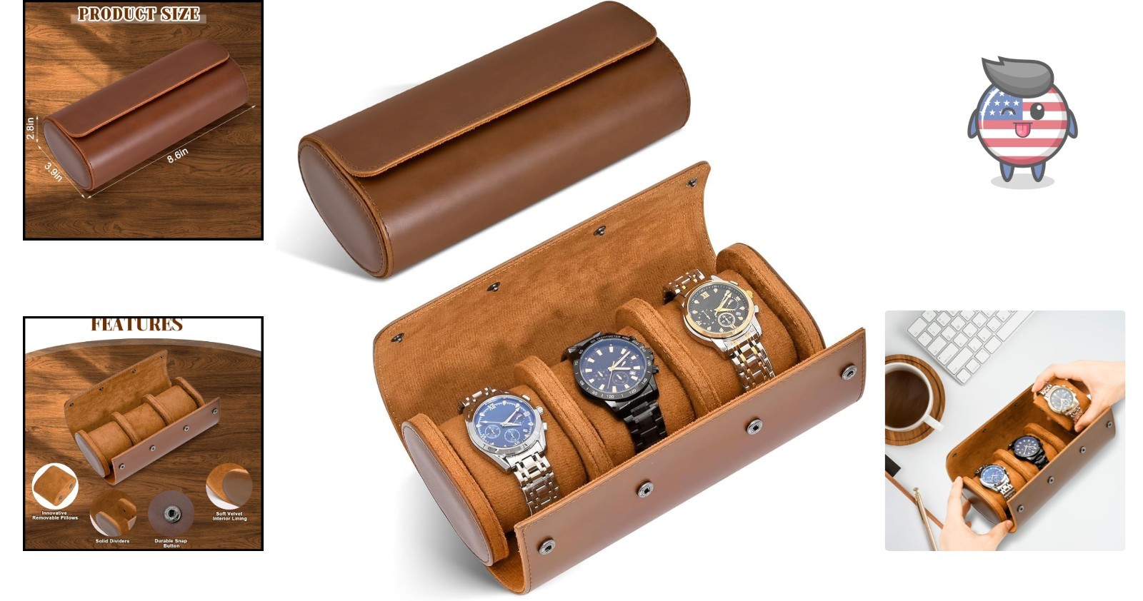 Compact 3-Watch Roll Case with Secure Button Closure – Ideal for Home and Travel