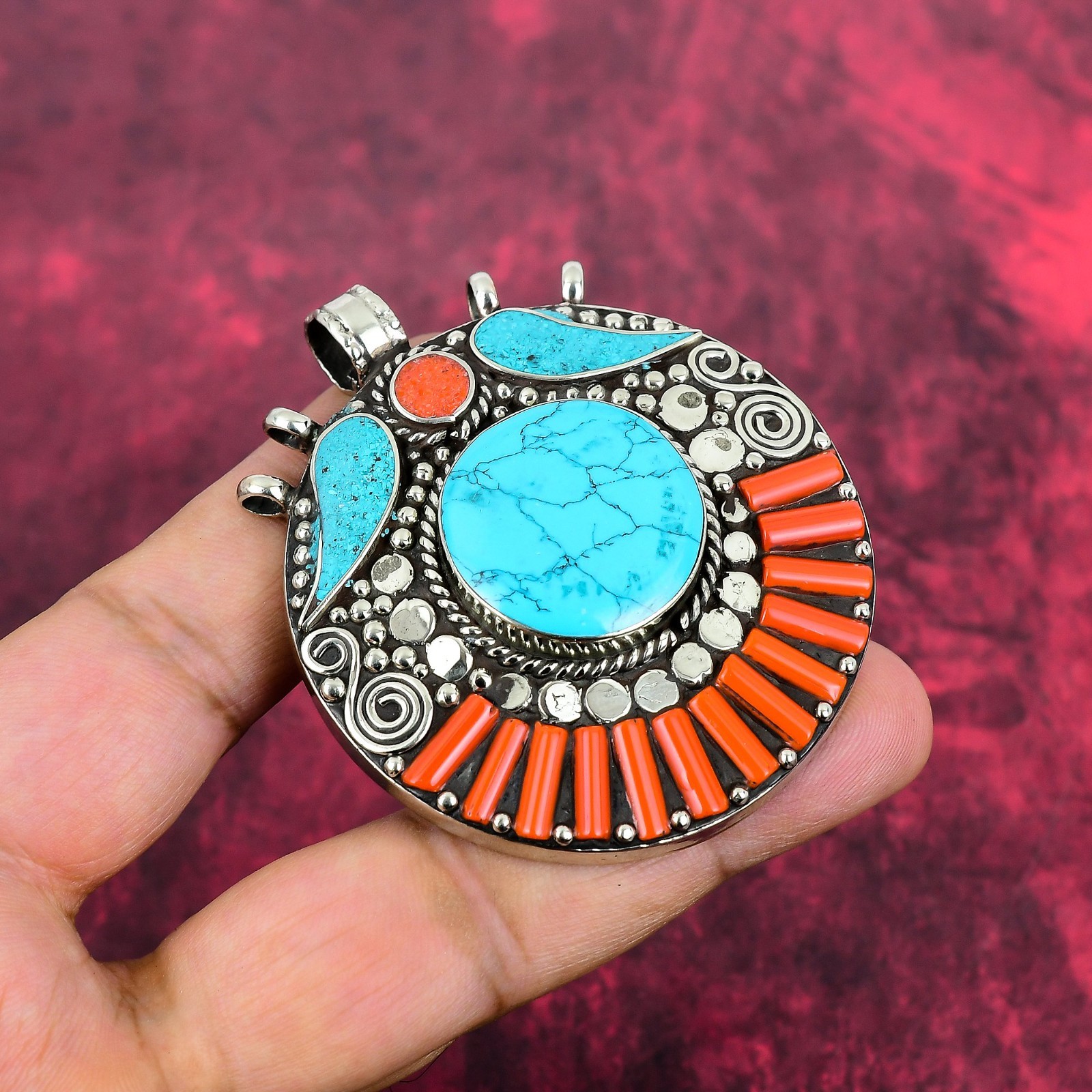 Turquoise, Coral Gemstone 925 Silver Handmade Ethnic Nepali Pendant Jewelry