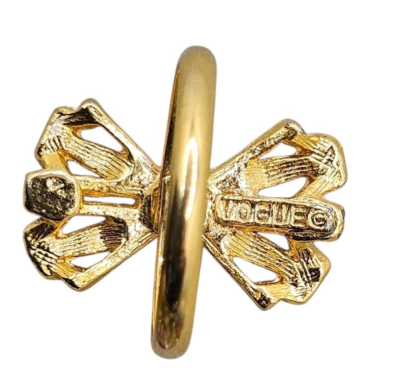 Vintage Vogue Gold Tone Ring Rhinestone Bow Shape Tied Knot size 7 Adjustable