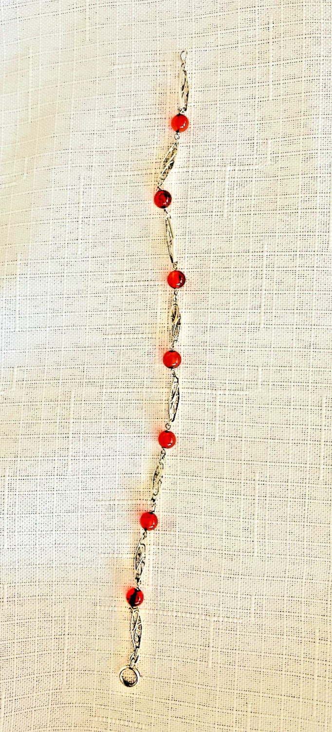 Dainty 10K White Gold Spessartine Garnet Bead Filigree Link Bracelet Vintage