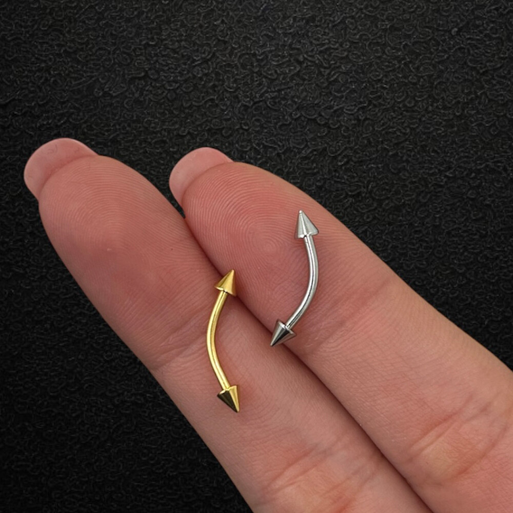 14K Solid Gold Curved Eyebrow Ring Spike End 16g Sold Individually