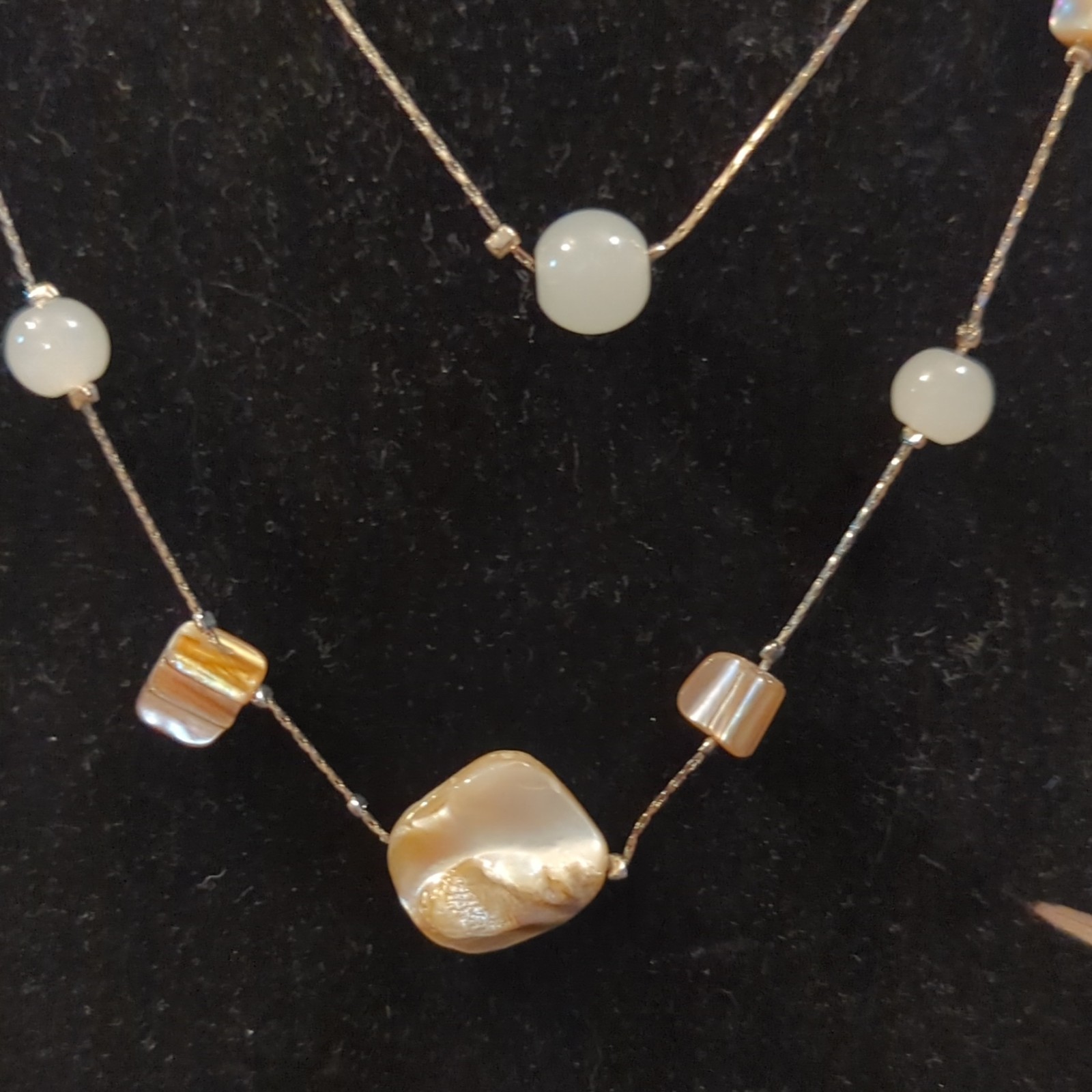 Silver Tone Layered White Beaded Link Chain Necklace, Lobster Clasp No Stone