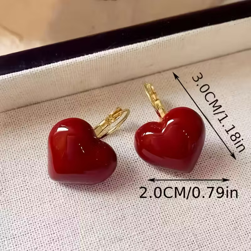 1 Pair of Elegant French-Style Heart-Shaped Earrings – Vintage Red Resin