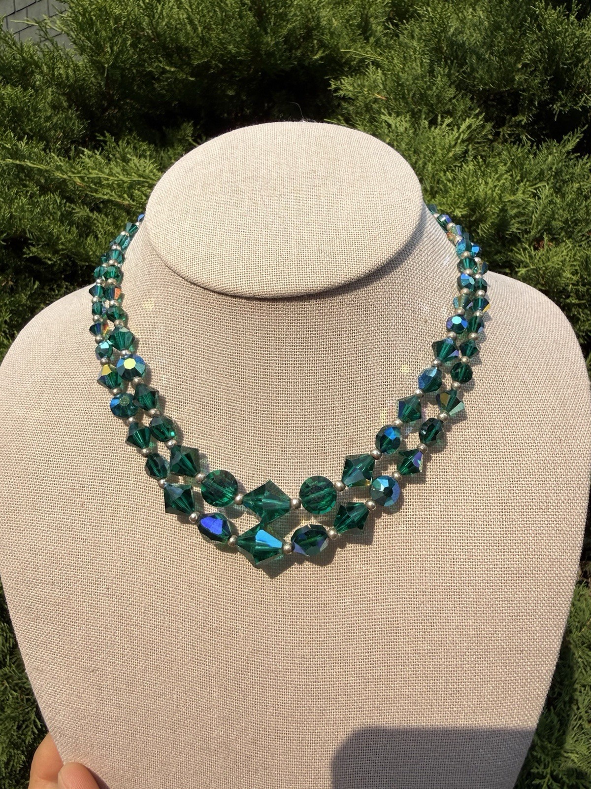 VNTG Czech Bi-color Blue Green Cut Faceted Glass Bead Double Strand 20”Necklace
