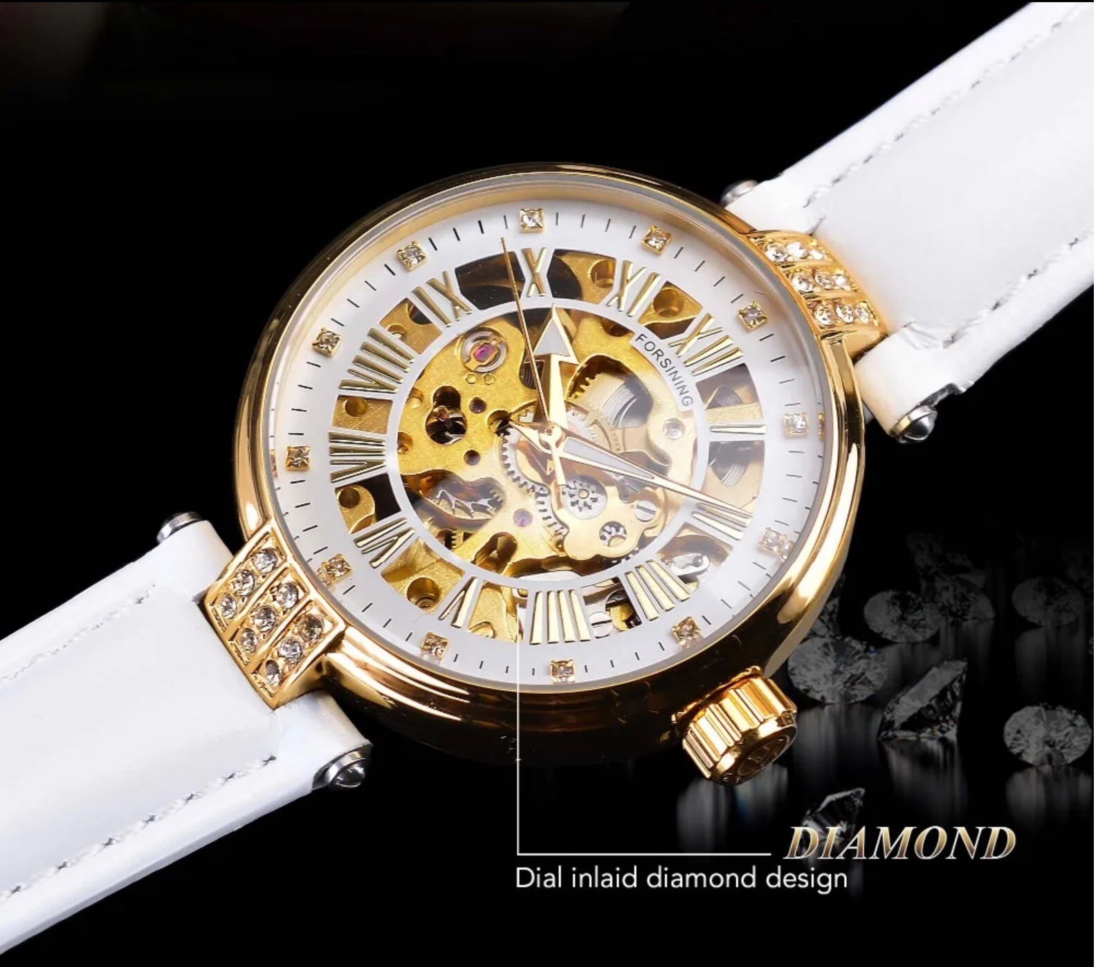 Forsining Womens Automatic Transparent Skeleton White Leather Band Ladies Watch