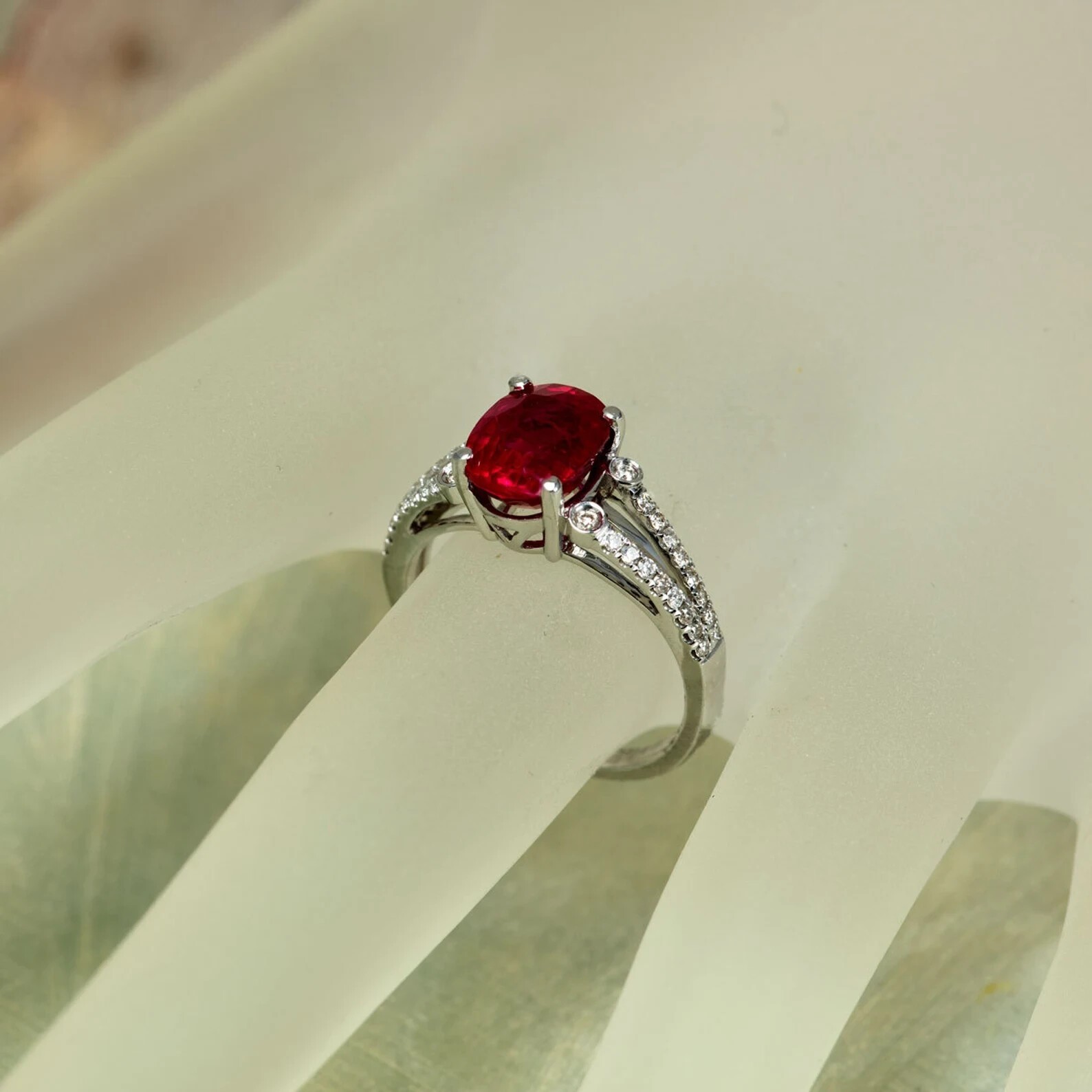 2Ct Oval Cut Simulated Red Ruby Split Shank Wedding Ring 14K White Gold Plated